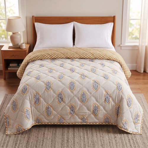 Image of BSB HOME Premium 280 GSM Quilted Comforter, Soft Plush Floral Printed Bedspread, Cozy Warm Reversible Blanket for Bedroom, Elegant Winter Bedding Comforter, 80 x 85 Inches (203 x 215 cm) - Pale Sand