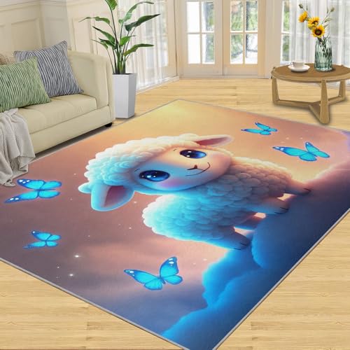 Niedlicher Schaf-Teppich, 152,4 x 304,8 cm, blauer Teppich für Schlafzimmer, Küchenteppich mit Tiermotiv, rutschfest, waschbar, warm, weich, für Kinder, kurzfloriger Teppich für Waschküche