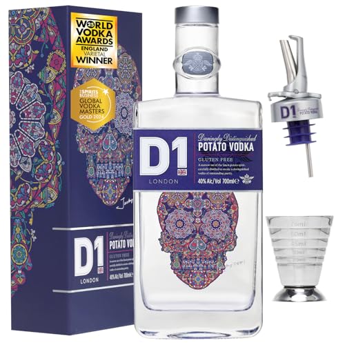 D1 London Spirits Vodka Geschenkset 70cl 40% ABV mit Cocktail Jigger & Ausgießer in Geschenkbox – World Awards 2025 Gold Winner – Premium Wodka – Perfekte Vodka Geschenke für Frauen & Männer