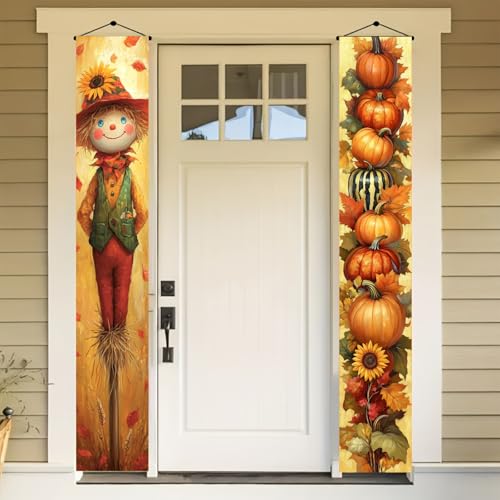 BlissYard Fall Harvest Door Banner 12 x 71 Inch Scarecrow Pumpkin