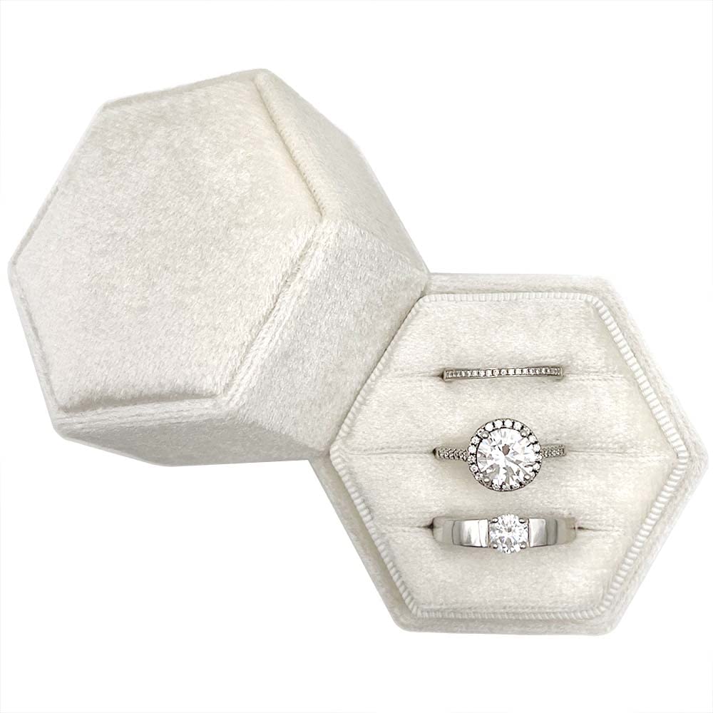 BeatilogBeatilog Hexagon Ring Box 3 Slots - Velvet Premium Wedding Ring Bearer Box Handmade Vintage Three Rings Holder for Proposal Engagement Ceremony Christmas Photography (Ivory)