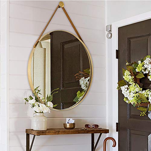 Untrammelife Round Wall Mirror 24 Inch,Gold Round Mirror With Hanging Leather Strap Gold Hardware Hanger,Brushed Metal Framed Round Hanging Mirror For Bedroom Living Room Bathroom #TOP6