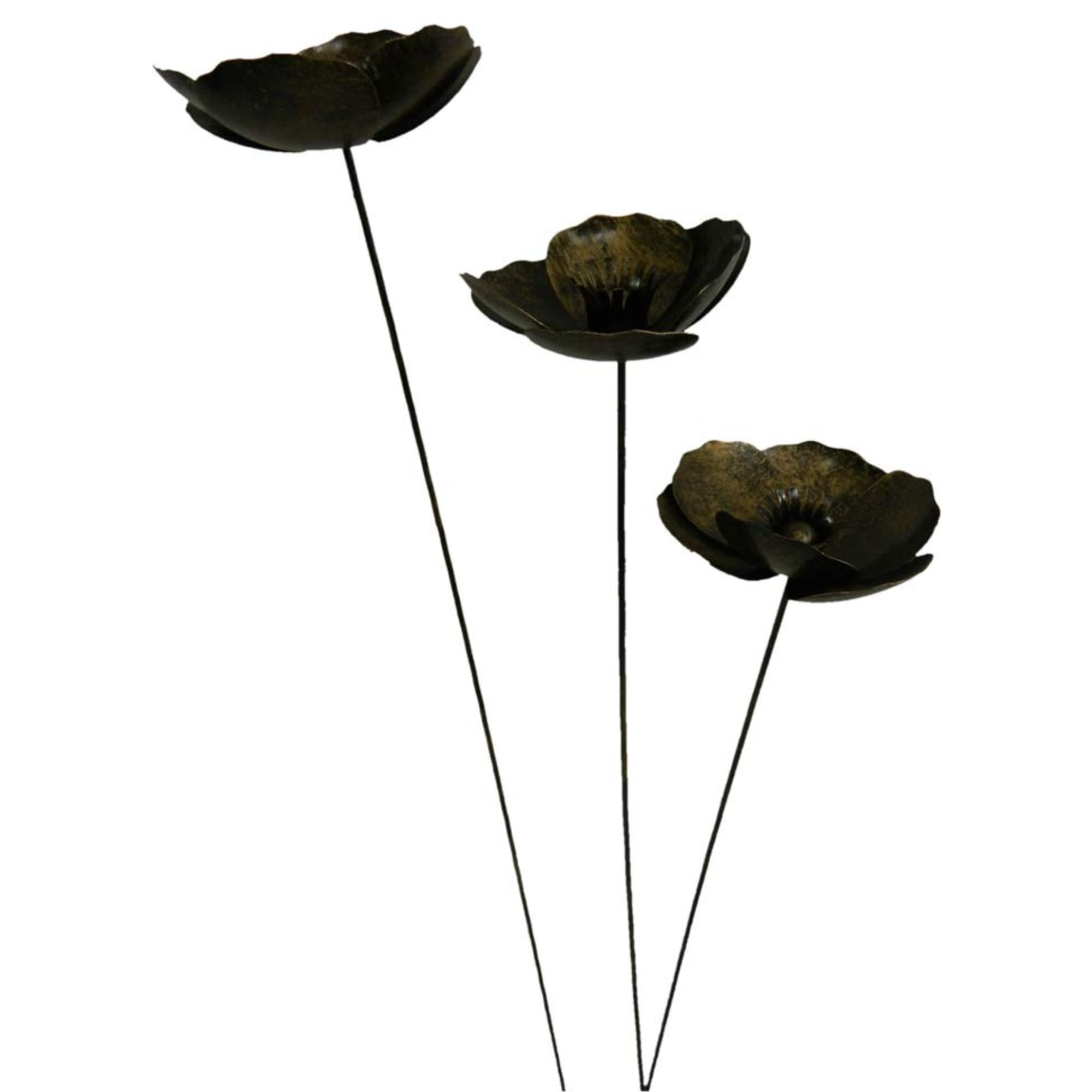 Handcrafted Metal Poppy Flower Garden Ornaments, Set of Three, 100cm Tall - Antique Gold - Outdoor Garden Decorations for Borders, Pots, Flower Beds & Memorials , Fairly Traded Decor - Gold Poppy