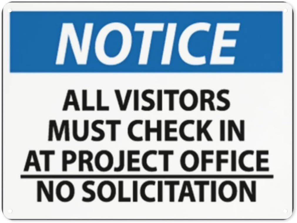 Warning Notice Notice - All Visitors Check in Rust Free Aluminum Tin Sign - Traffic Safety Decor with Pre-Drilled Holes for Workplace, Office - 12x8 Inch​