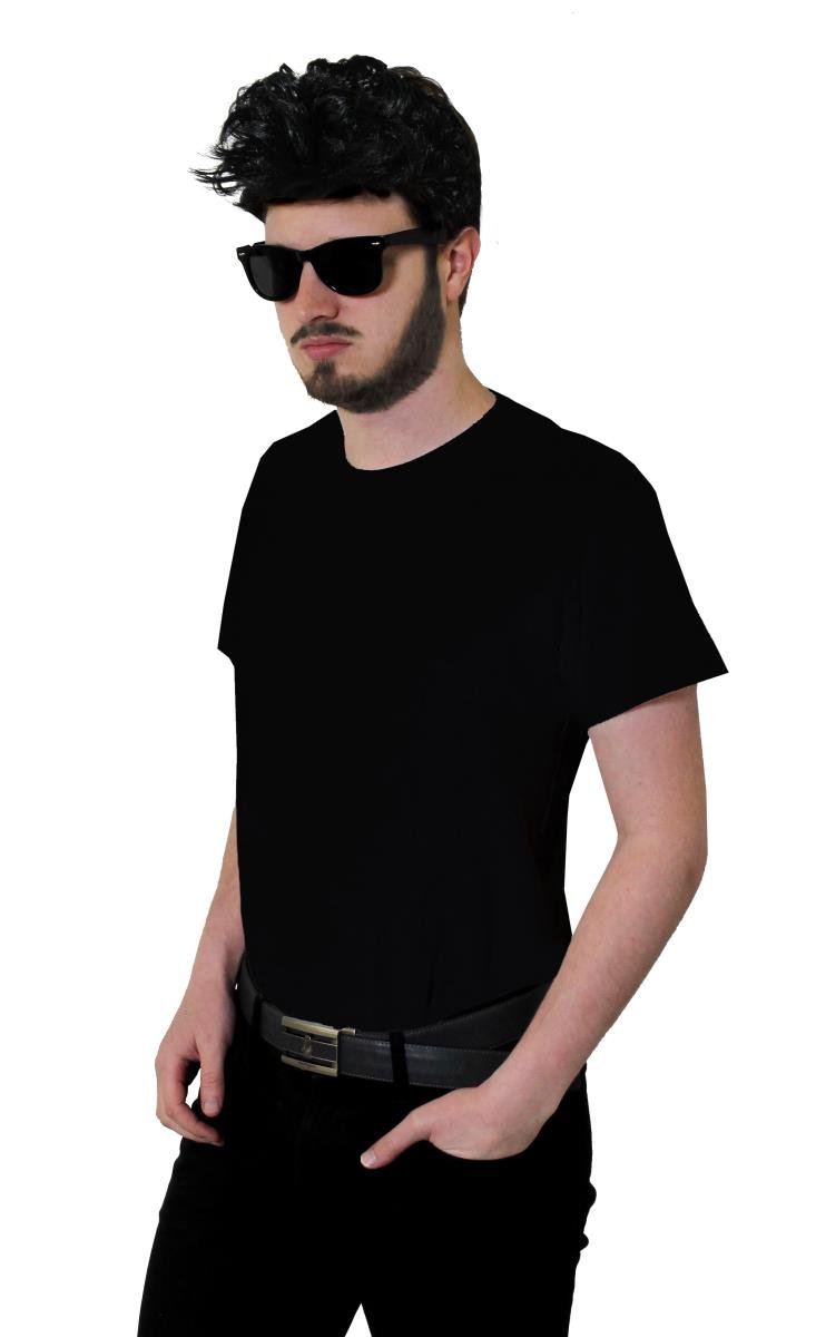 MENS 1950S GREASER GUY FANCY DRESS COSTUME - 3 PIECE 50S ACCESSORY SET WITH BLACK TEDDY BOY WIG, SUNGLASSES AND T-SHIRT - XX-LARGE
