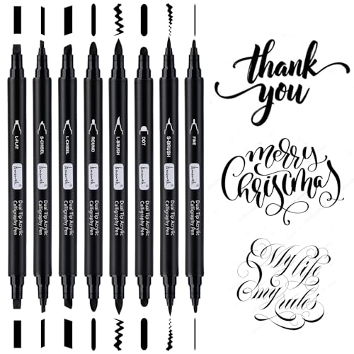 Brusarth Calligraphy Pens 8 Size Dual Tip Black Acrylic Calligraphy markers for Writing Brush Pens Calligraphy Set for Beginners Hand Lettering Pen for Art Drawing Sketching Scrapbooking