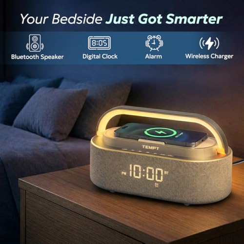 Image of TEMPT Privee Fusion 4-in-1 Bluetooth Speaker, Charger, Clock & Stand, Grey | 16W Sound Output, 15W Wireless Charging, 12 RGB Light Modes, Dual Subwoofers, 7 Hour Playtime, Bright Digital Screen Displays