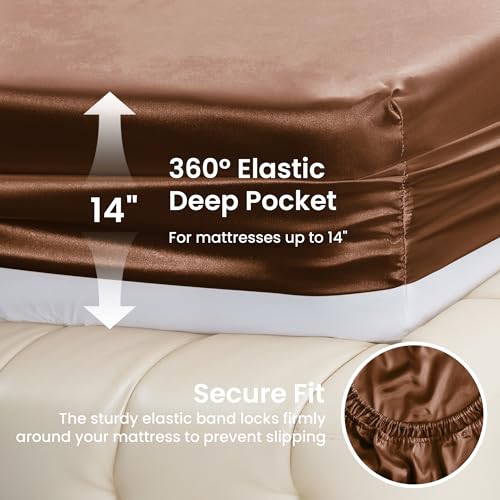 Image of Love's cabin Satin Queen Sheets Set - 4 Piece Brown Silky Bed Sheets with Deep Pocket, Luxury Silk Feel Satin Queen Size Sheet Set (1 Flat Sheet,1 Fitted Sheet,2 Pillow Cases)