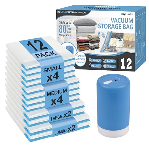 Cozy Essential Travel Vacuum Storage Bags with Rechargeable Cordless USB Pump, Space Saver Bags for Luggage, Suitcase, Carry-On, for Clothes, Blankets, Bedding & Seasonal Storage,12 Combo