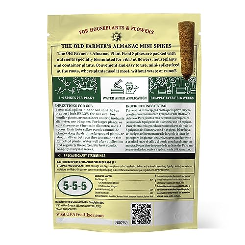 The Old Farmer's Almanac Houseplant & Flower Plant Food Mini Spikes - NPK 5-5-5 for Continuous Feeding and Vibrant Colors (12 Mini Spikes)