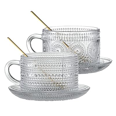 Gezzeny Vintage Coffee Mugs with Saucers 14 Oz Set of 2 Embossed Glass Cups, Tea Cups, Glass Coffee Cups for Cappuccino, Latte,Cereal, Beverage Birthday Valentine's Day Gifts