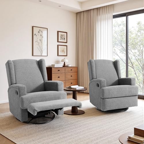 Image of Swivel Rocker Recliner Chairs Set of 2, 360 Swivel Wingback Recliner Chairs for Adults, Upholstered Glider Rocking Chair with High Back, Deep Seat for Living Romm Bedroom, Cotton Linen, Light Gray