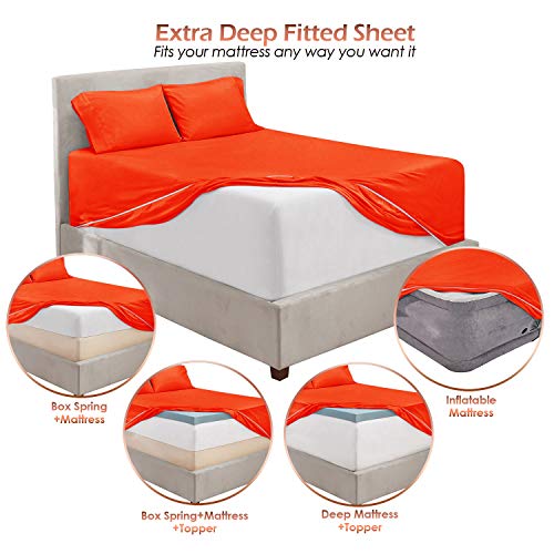 Image of Hearth & Harbor Extra Deep Pocket Bed Sheet Set - 3 Piece Hotel Luxury Sheets Fits Up to 24 inch Thick Mattress - Twin - Orange