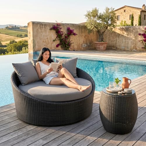 Image of BRISHI Outdoor Patio Round Daybed /Sunbed /Swimming Pool Side /Sun Lounger /Garden /Terrace /Balcony /Wicker and Rattan Daybed (Black /Grey)