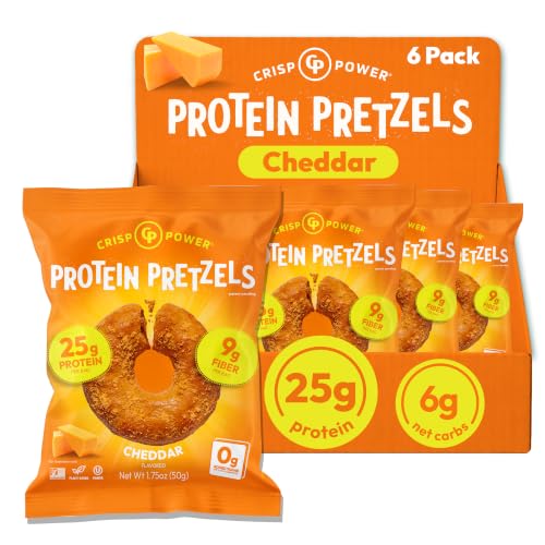 Crisp Power Cheddar Protein Pretzels, High Protein Snack, 6 Pack