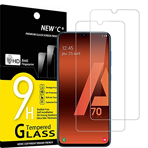 NEW'C 2 Piezas, Protector Pantalla para Samsung Galaxy A70, Cristal templado Antiarañazos, Antihuellas, Sin Burbujas, Dureza 9H, 0.33 mm Ultra Transparente, Ultra Resistente