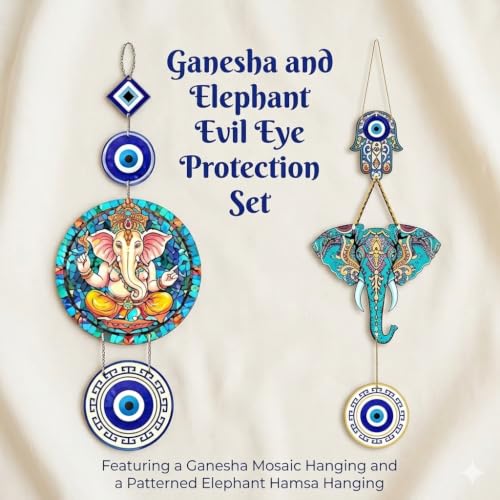 Image of Pack of 2 Owl Evil Eye Wall Hanging Decor, Colorful Wooden Nazar Protection Charm for Home, Entrance & Living Room, Vastu & Feng Shui Hanging (Multicolour) (Ganesha Mosaic & Elephant Hamsa)
