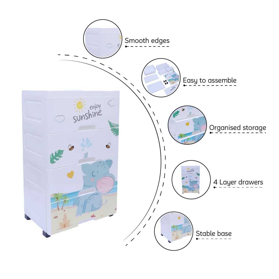 The Tickle Toe Plastic Chest of 4 Drawers for Kids | Multipurpose Organizer for Boys in Blue Theme with Elephant Print | Glossy Dresser | L51xW33xH82 cm | White & Blue 1