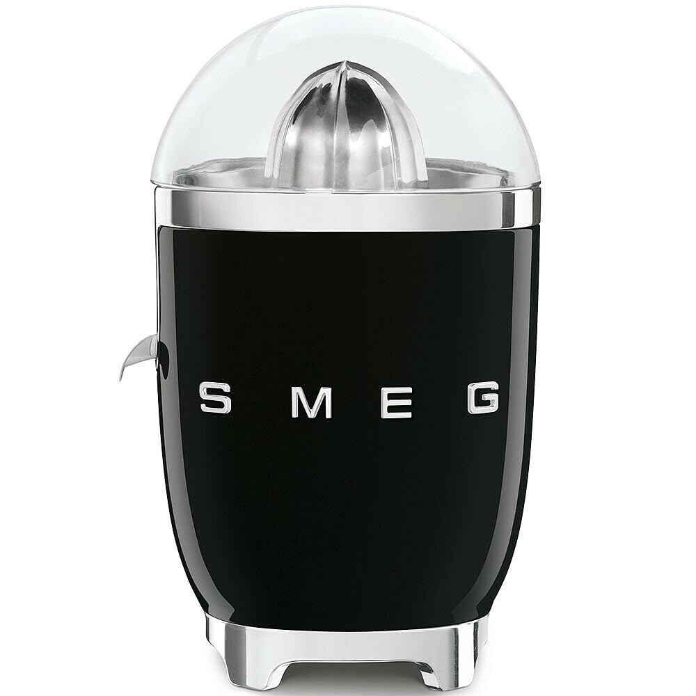 Smeg, Presse Agrumes Électrique CJF11BLEU, Mise en Marche Automatique à Pression, Bec Anti-goutte et Cône Universel, Base Antidérapante, Range Cordon Intégré, 70W, Noir