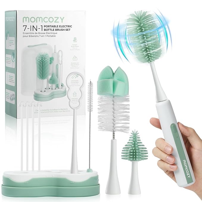 Image of Momcozy 7 in 1 Electric Bottle Brush Kit, Portable Cleaning Set with Formula Mixer, Silicone Brush, Nipple Brush, Straw Brush, Soap Dispenser, Drying Rack - Long Battery Life for Home & Travel