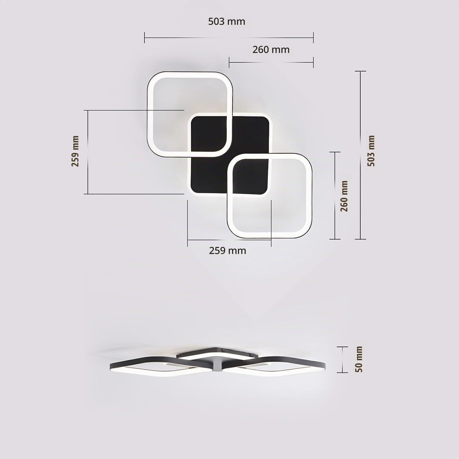 ANTENLICHT Plafonnier LED Moderne Dimmable avec Télécommande, 40W 4500LM Lampe de Plafond Avec Fonction Mémoire, Luminaire Plafonnier LED pour Chambre salon, Salle à manger Cuisine, Noir 50x50x5cm
