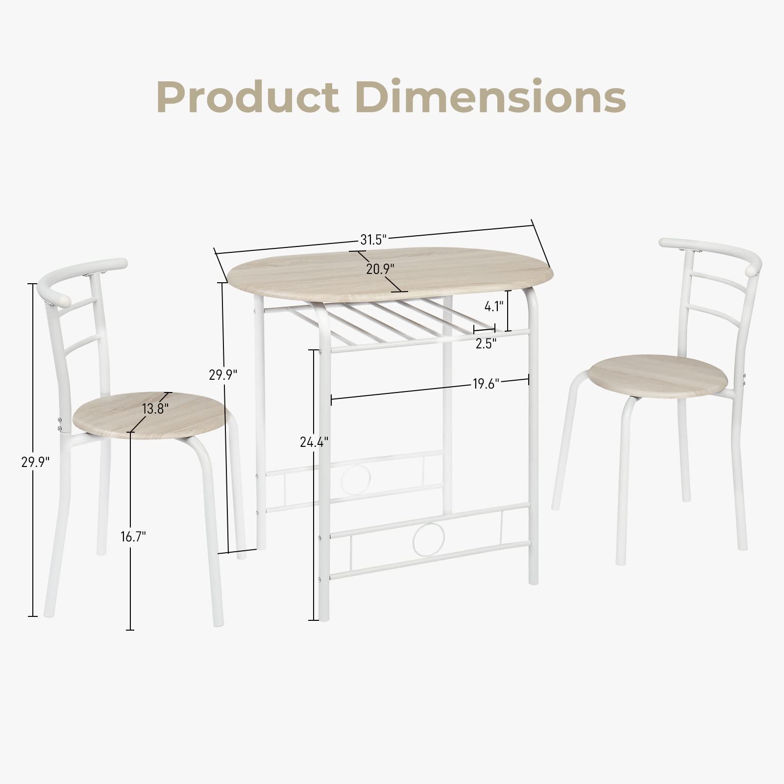 Bonnlo Esstisch Oval für 2 Personen mit Ablagefach, Küchentisch Klein mit 2 Stühlen, Dining Table Set Esszimmertisch Essgruppe Balkontisch für Küche Balkon Esszimmer (Eiche-Weiß)