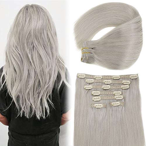 Grey Clip in Hair Extensions Human Hair Vivien 12 inch Full Head Remy Human Hair Clip in Extensions Thick Ends Grey Blonde Hair Extensions 70 Grams 7Pcs