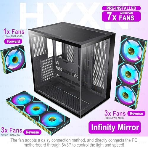 Image of H1 HYXN PC Case, Pre-Installed 7 Infinity Mirror PWM ARGB Fans, ATX Mid Tower Computer Case, Gaming PC Case with Type-C, 270 Full View Tempered Glass, 3X 360mm Radiator Support, Black