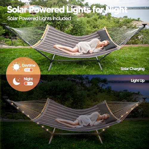Image of SUNCREAT Stand Alone Hammock with Solar Powered Lights, Gray Stripes