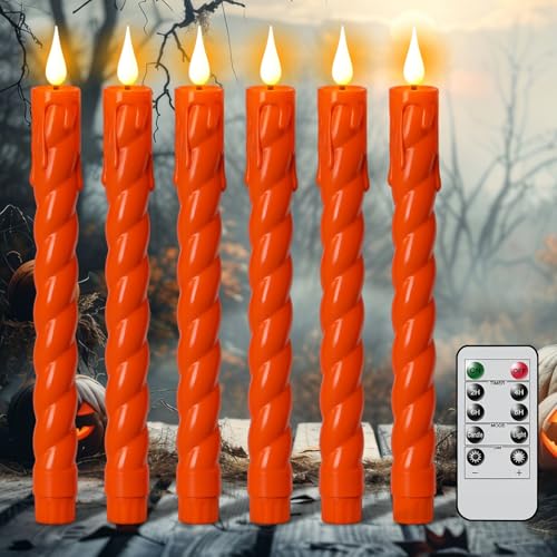 Image of Orange Flameless Flickering Taper Candles Battery Operated with 10-Key Remote and Timer, 6 Pack Plastic 3D Wick Dripping Effect LED Taper Candles Dinner Halloween Decor(0.78 inch D x 9.65 inch H)