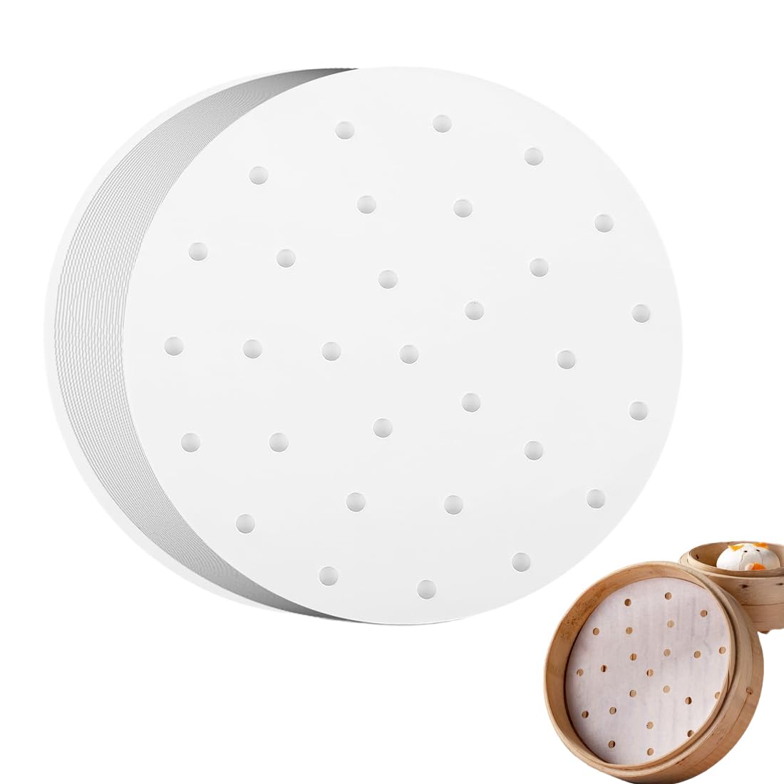 WUSJCOF 100 unidades Papel Dim Sum, antiadherente, para vaporeras de bambú, freidora de aire, vaporera, Air Fryer, papel de horno redondo perforado de bambú (Ø 20 cm)