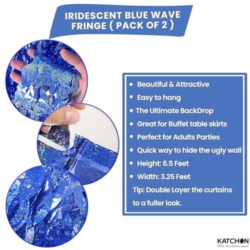 Image of 2 Pack Wavy Blue Backdrop - 3.2x6.5 Feet | Blue Foil Fringe Curtain for Mermaid Birthday Decorations | Fringe Backdrop for Under The Sea Party Decoration | Ocean Themed Party Decorations, KatchOn
