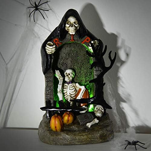 Azuma Halloween Decoration Light Up Ornament RIP Grim Reaper Party Display Resin Statue Skeleton Bones Pumpkins LED Novelty 22cm