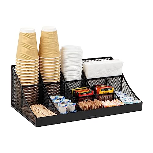 Mind Reader COMORGMESH-BLK 11-Compartment Coffee Cup and Condiment Countertop Organizer, Metal Mesh, 17.875" L x 9.5" W x 6.625" H, Black