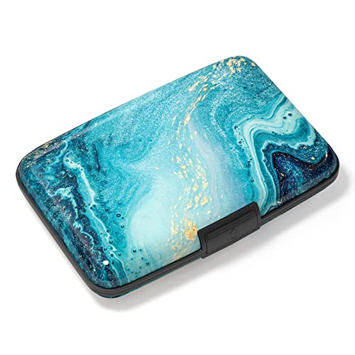 Image of Credit Card Holder, Mini Aluminum Card Wallet RFID Blocking Slim Metal Hard Card Case for Women Men, Blue Ocean Marble