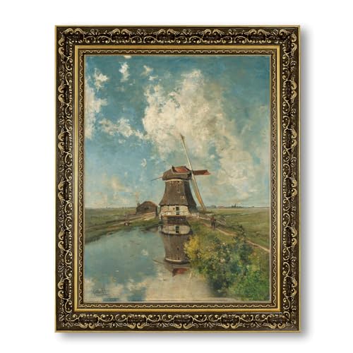 Vintage Framed Dutch Windmill Landscape Wall Art Canvas Print Oil