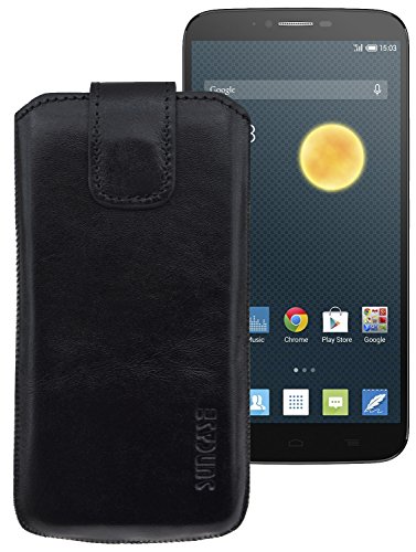 Suncase ECHT-Leder Tasche Etui für Alcatel One Touch Hero/Hero 2 (mit Rückzugsfunktion, Magnetverschluss) schwarz