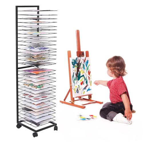 Image of GENMOUS Art Drying Rack, Metal Painting Drying Rack with 30 Removable Shelves, Art Storage Rack with Lockable Wheels for Art Studio Classroom School, 47.2 x 10.8 x 12 Inches