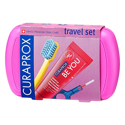 Curaprox Kit de viaje Cepillo de dientes CS 5460 con Pasta de dientes' Be You ' | 2 Cepillos Interdentales CPS Prime 07 y 09 / Kit de cuidado Dental 9,5 cm x 6 cm/Magenta/Fabricado en Suiza