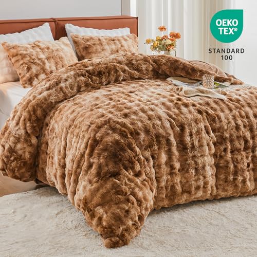 Image of EMME Faux Fur Duvet Cover Queen Size, 3 Pieces Ultra Soft Fluffy Comforter Cover, Cozy Warm for Winter, Luxury Shaggy Bubble Design Bedding, 1 Duvet Cover & 2 Pillow Shams (Queen, Tie Dye Taupe)