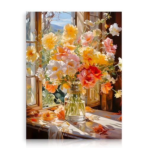 Dazzlewall Arte de Pared Floral Colorido, Flores Silvestres de Primavera Junto a la Ventana para Decoración de Sala de Estar o Dormitorio, 12x16 Pulgadas Sin Enmarcar