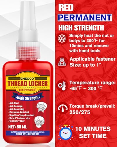 Image of Thread Lock Red, Threadlocker High Strength, Thread Locker for Nuts, Bolts, Fasteners and Metals, Anaerobic Curing Screw Glue to Prevent Loosening (Red (Permanent) 50ml*2)