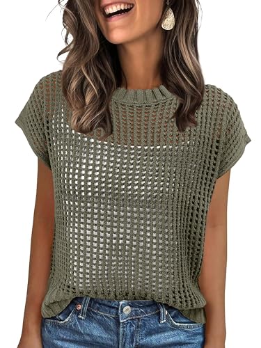 ANRABESS Womens Tops 2025 Trendy Summer Shirts Crochet Cap Sleeve Knitted Sweater Beach Vacation Clothes Fall Fashion Outfits Light Green Medium