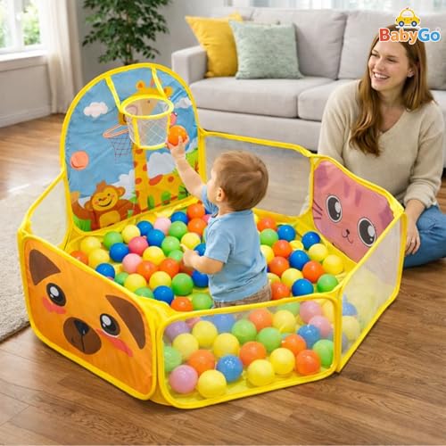 Image of BabyGo Kids Giraffe Basketball Ball Pool for Kids, Play Tent House for 2+ Year Old Girls and Boys, Ball Pit for Kid, Spacious, Lightweight, Portable & Easy to Set Up, (Yellow) (30 Balls)
