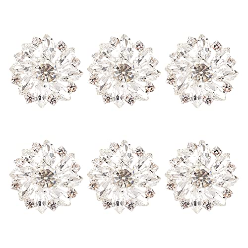 FINGERINSPIRE 6 Pieces 26.5 mm Flower Brass Rhinestone Stud Button Crystal Silver Colour to Sew on, 1 Hole, Flat Back, Metal