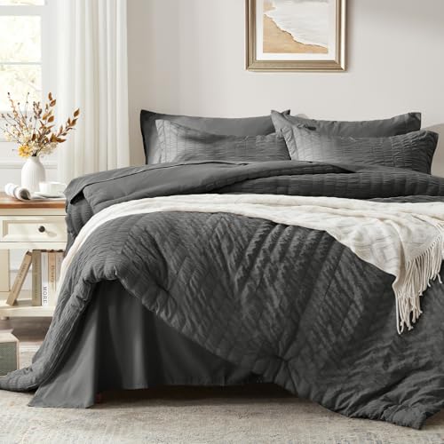Image of Zzlpp Twin Comforter Set 5 pieces, Dark Grey Seersucker Bed in a Bag with Comforter and Sheets, All Season Bedding Sets with 1 Comforter, 1 Pillow Sham, 1 Pillowcase, 1 Flat Sheet, 1 Fitted Sheet