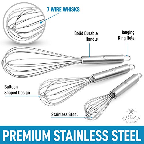 Zulay (3 Pack) Stainless Steel Whisk Set 8" 10" 12" - Sturdy 7 Wire Whisks For Cooking & Baking - Kitchen Utensil Wisk For Blending, Stirring, Whisking, And Beating Eggs, Batter, Sauces & More #TOP1