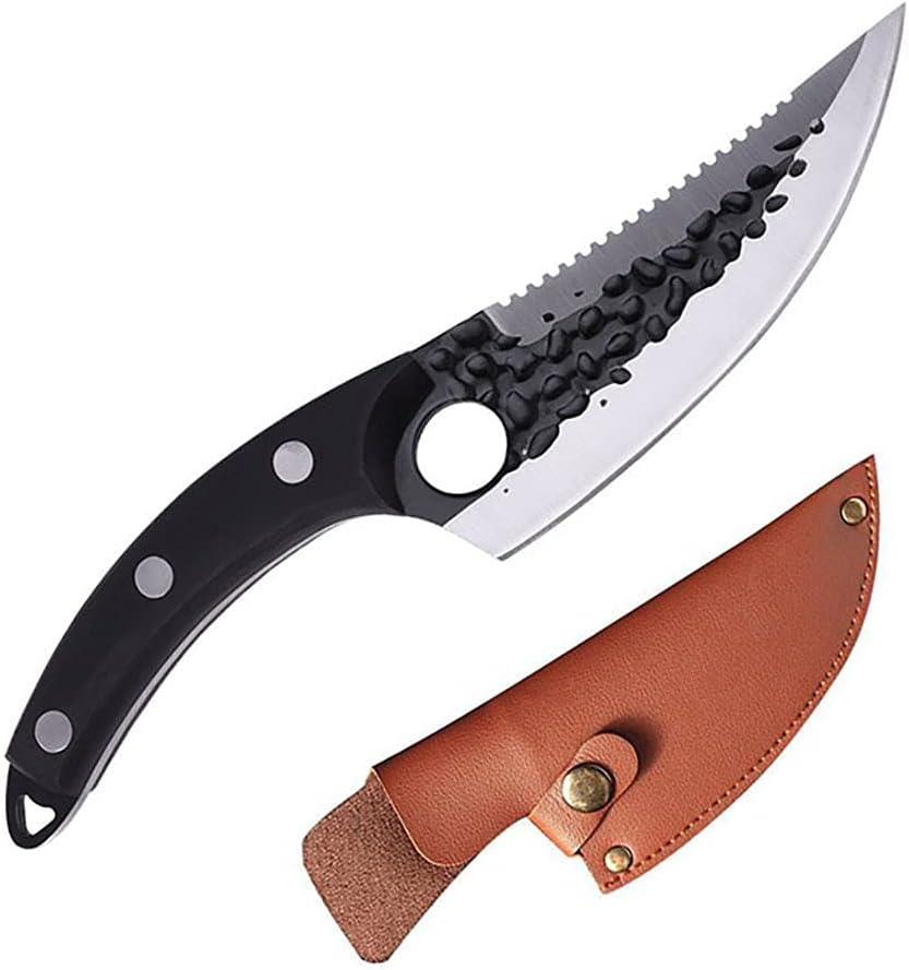 Meat Cleaver, Viking Knives Set Forged High Carbon Steel Kitchen Knife Serbian Jagged Fish Scale Knife Cleaver Butcher Cooking Tools (Color : C and PU cover, Size : 6 inch)