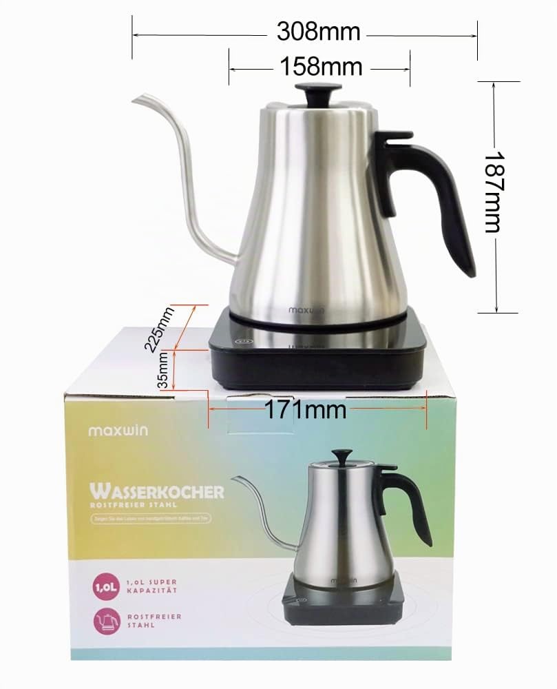 MAXWIN Bouilloire à Café avec Col de Cygne,Bouilloire électrique 1 litre,1000W Chauffage Rapide Bouilloire en Acier Inoxydable avec Réglage Température pour le Café,le Thé
