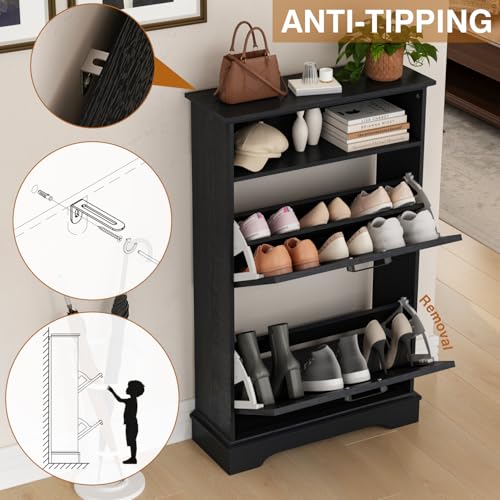 Image of 24 inch W Hidden Shoe Storage Cabinet with 2 Flip Drawers & Open Storage